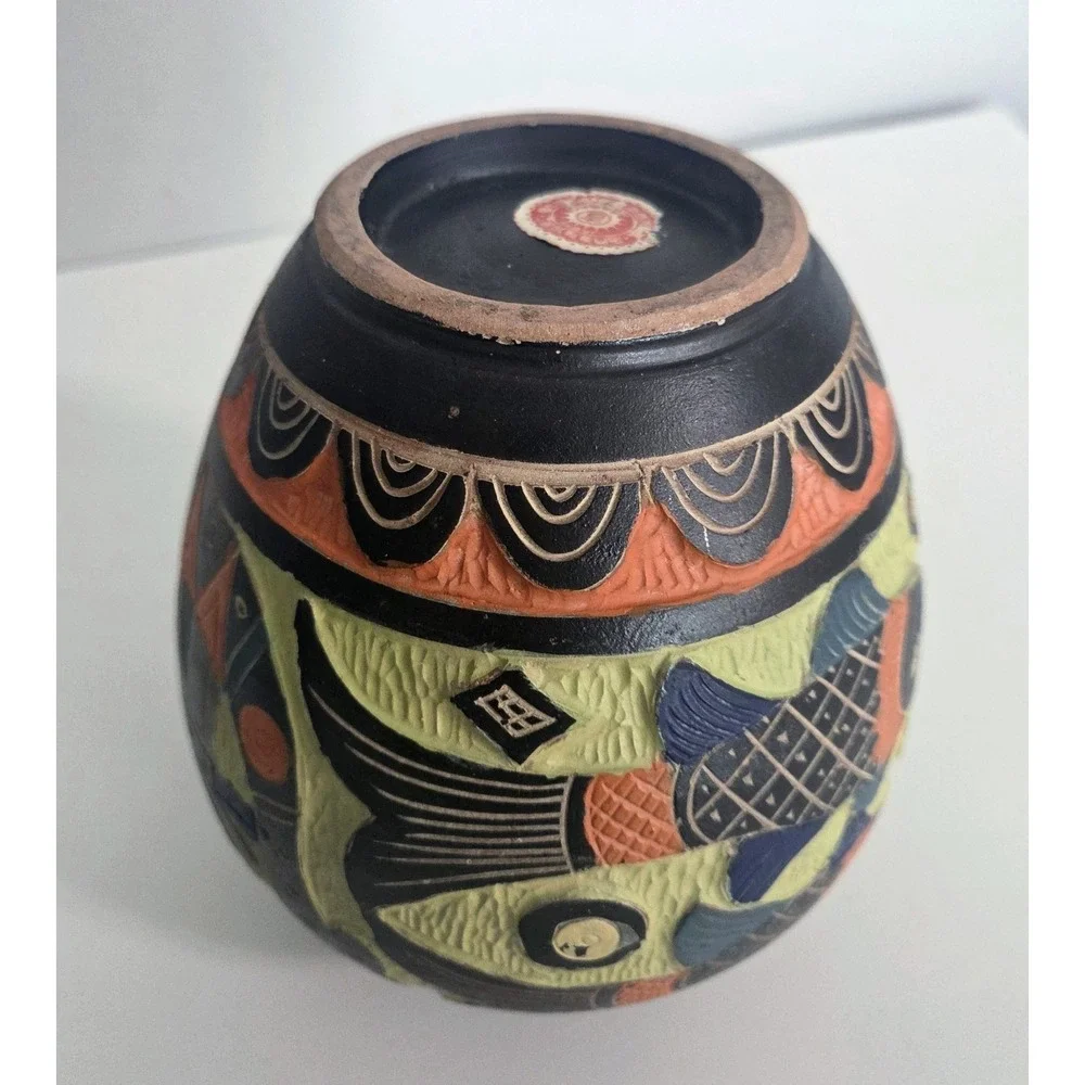 Vintage Okinawa‎ Japan Pottery Vase Hand Carved Double Sided RARE Multicolored